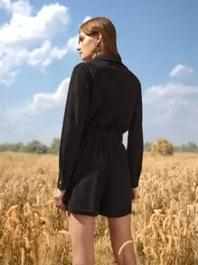 SHEIN VCAY Solid Button Front Romper Without Belt Western Women Attire - Black - View 2