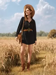 SHEIN VCAY Solid Button Front Romper Without Belt Western Women Attire - Black - View 5