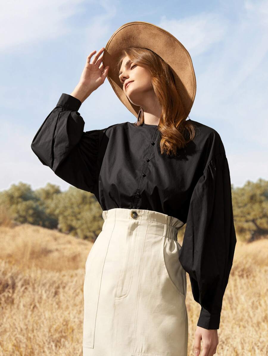 SHEIN Solid Puff Sleeve Crew Neck Blouse - Black - View 1