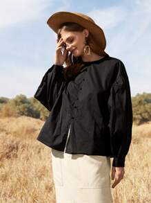 SHEIN Solid Puff Sleeve Crew Neck Blouse - Black - View 4