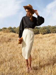 SHEIN Solid Puff Sleeve Crew Neck Blouse - Black - View 5