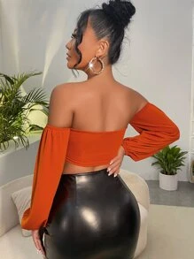 SHEIN SXY Off Shoulder Twist Front Cut Out Crop Top - Burnt Orange - View 2
