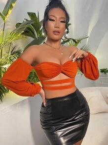 SHEIN SXY Off Shoulder Twist Front Cut Out Crop Top - Burnt Orange - View 3
