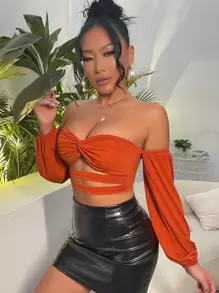 SHEIN SXY Off Shoulder Twist Front Cut Out Crop Top - Burnt Orange - View 5