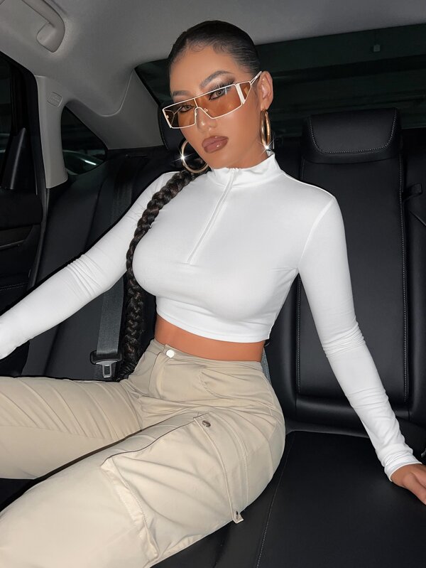 SHEIN SXY Camiseta blanca de manga larga y media cremallera con cuello de tortuga para primavera y verano