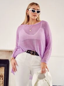 Áo len Plus Size Cao thấp cắt Chia màu trơn Giải trí - Màu Lilac Tím - Xem 1