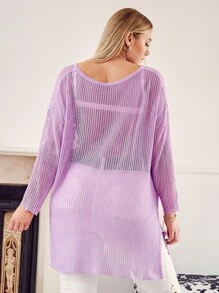 Áo len Plus Size Cao thấp cắt Chia màu trơn Giải trí - Màu Lilac Tím - Xem 2