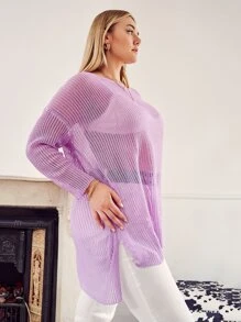 Áo len Plus Size Cao thấp cắt Chia màu trơn Giải trí - Màu Lilac Tím - Xem 3