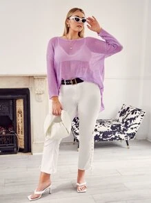 Áo len Plus Size Cao thấp cắt Chia màu trơn Giải trí - Màu Lilac Tím - Xem 4