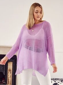 Áo len Plus Size Cao thấp cắt Chia màu trơn Giải trí - Màu Lilac Tím - Xem 5