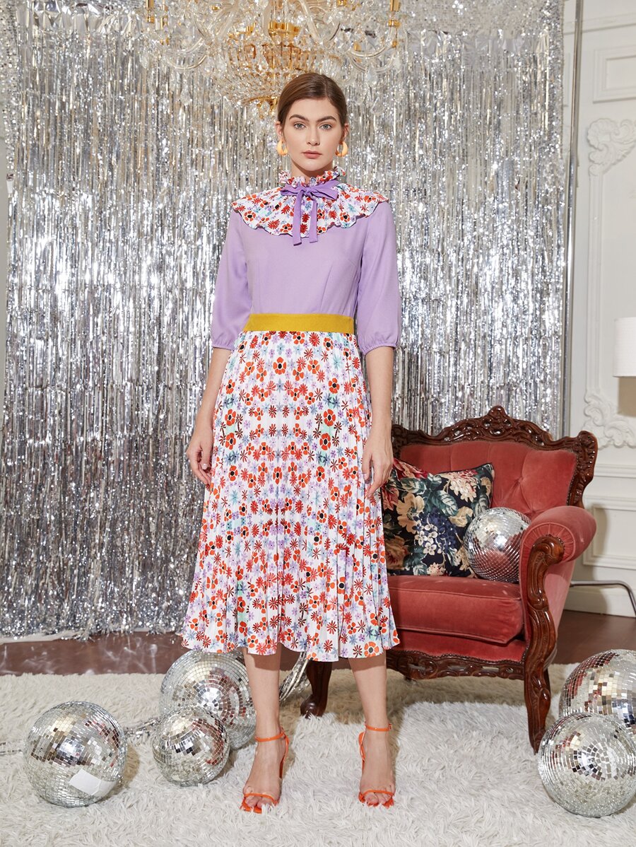 ANGELA Designer Ruffle Neck Bow Front Floral Dress - Multicolor - View 1