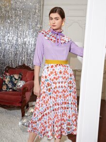 ANGELA Designer Ruffle Neck Bow Front Floral Dress - Multicolor - View 4