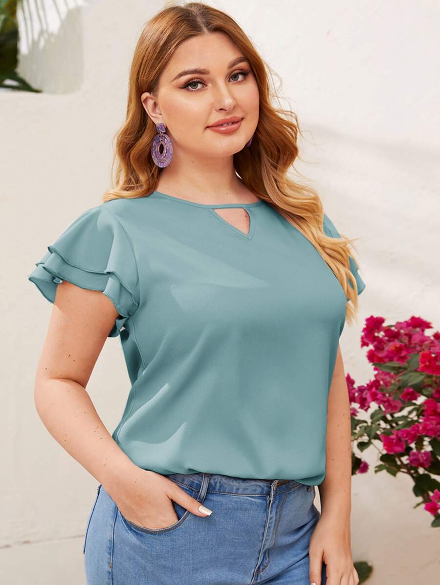 SHEIN Clasi 大碼鎖孔領多層飛袖上衣 - 青碧色 - 查看 1