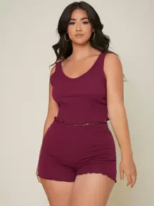 SHEIN Plus Letter Trim Rib-knit Crop Tank Top & Shorts PJ Set