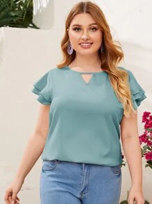 SHEIN Clasi 大碼鎖孔領多層飛袖上衣 - 青碧色 - 查看 4