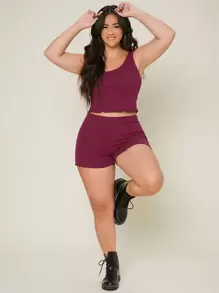 SHEIN Plus Letter Trim Rib-knit Crop Tank Top & Shorts PJ Set