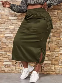 Slaydiva Plus Flap Pocket Split Knot Hem Skirt - Army Green - View 1