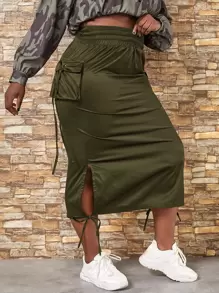 Slaydiva Plus Flap Pocket Split Knot Hem Skirt - Army Green - View 4
