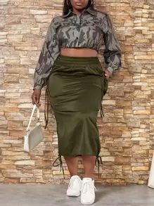 Slaydiva Plus Flap Pocket Split Knot Hem Skirt - Army Green - View 5