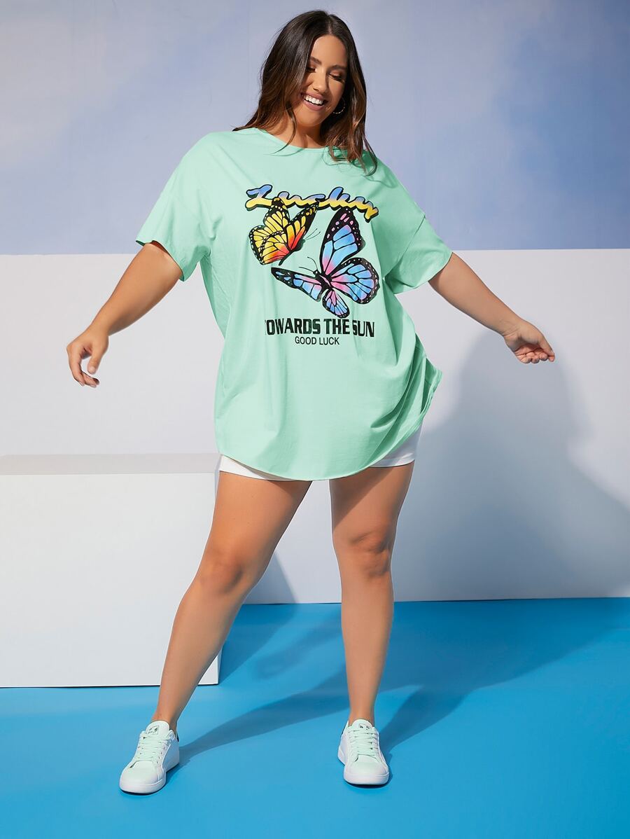 SHEIN EZwear Plus Butterfly & Letter Graphic Drop Shoulder Tee - Mint Green - View 1