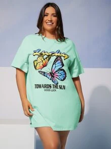 SHEIN EZwear Plus Butterfly & Letter Graphic Drop Shoulder Tee - Mint Green - View 5