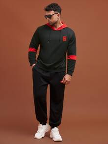 Manfinity Men Colourblock Cartoon Patched Detail Drawstring Hoodie & Joggers - Black - View 4