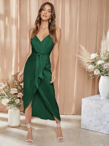 SHEIN Vestido de tirantes unicolor con cordón delantero - Verde Oscuro - Ver 1