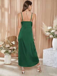 SHEIN Vestido de tirantes unicolor con cordón delantero - Verde Oscuro - Ver 2