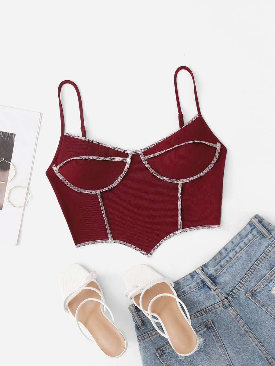 SHEIN Coolane Contrast Stitch Asymmetrical Hem Cami Top - Burgundy - View 1