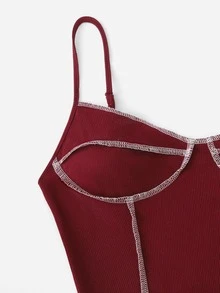 SHEIN Coolane Contrast Stitch Asymmetrical Hem Cami Top - Burgundy - View 4