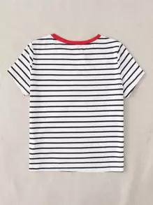 SHEIN EZwear Summer Contrasting Colors Heart Embroidery Black And White Striped Short Sleeves Fit Tee