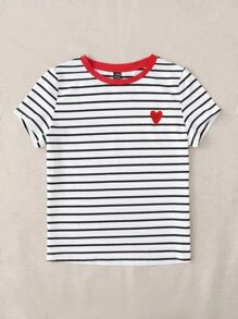 SHEIN EZwear Summer Contrasting Colors Heart Embroidery Black And White Striped Short Sleeves Fit Tee