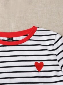 SHEIN EZwear Summer Contrasting Colors Heart Embroidery Black And White Striped Short Sleeves Fit Tee