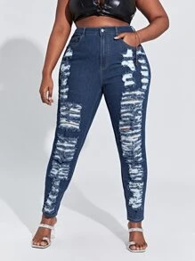 Quần Denim kích thước lớn Túi Bị tách màu trơn - Rửa tối - Xem 1