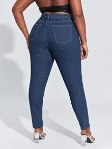 Quần Denim kích thước lớn Túi Bị tách màu trơn - Rửa tối - Xem 2