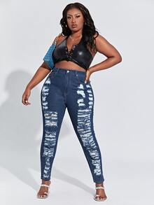 Quần Denim kích thước lớn Túi Bị tách màu trơn - Rửa tối - Xem 3