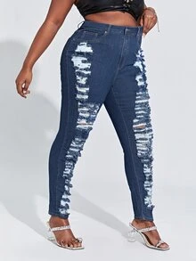 Quần Denim kích thước lớn Túi Bị tách màu trơn - Rửa tối - Xem 4