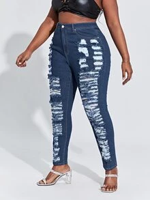 Quần Denim kích thước lớn Túi Bị tách màu trơn - Rửa tối - Xem 5
