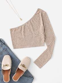 SHEIN 單肩羅紋針織短款T恤 - 卡其色 - 查看 1