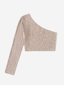 SHEIN 單肩羅紋針織短款T恤 - 卡其色 - 查看 2