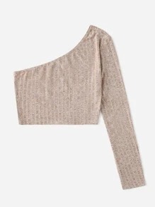 SHEIN 單肩羅紋針織短款T恤 - 卡其色 - 查看 3