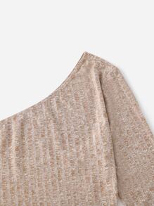 SHEIN 單肩羅紋針織短款T恤 - 卡其色 - 查看 4