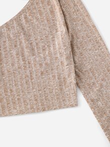 SHEIN 單肩羅紋針織短款T恤 - 卡其色 - 查看 5