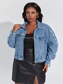 大碼落肩袖毛邊緣牛仔夾克 - 中等水洗藍 - 查看 1