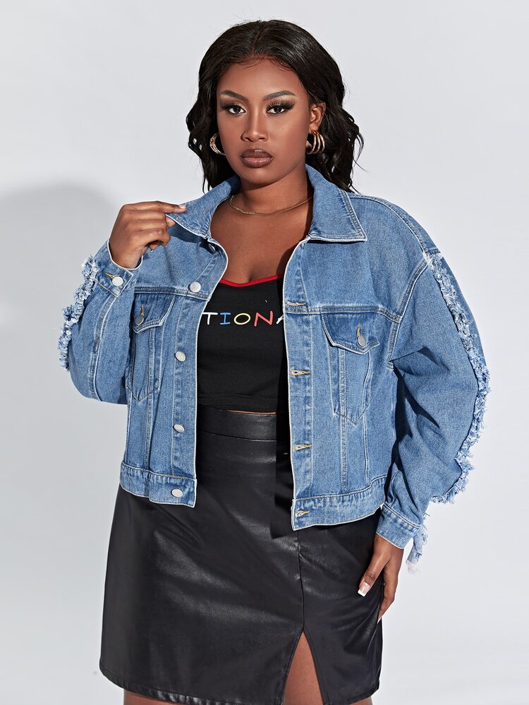 大碼落肩袖毛邊緣牛仔夾克 - 中等水洗藍 - 查看 1