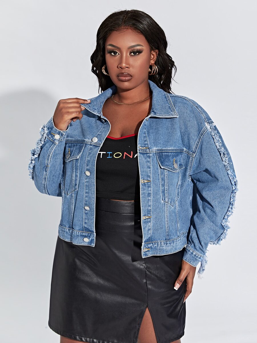 大碼落肩袖毛邊緣牛仔夾克 - 中等水洗藍 - 查看 1