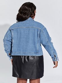 大碼落肩袖毛邊緣牛仔夾克 - 中等水洗藍 - 查看 2