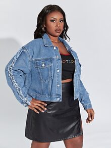 大碼落肩袖毛邊緣牛仔夾克 - 中等水洗藍 - 查看 4