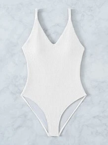 Textured Crisscross Back One Piece Swimsuit, For Summer Beach Vacation - White - View 3