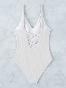 Textured Crisscross Back One Piece Swimsuit, For Summer Beach Vacation - White - View 2